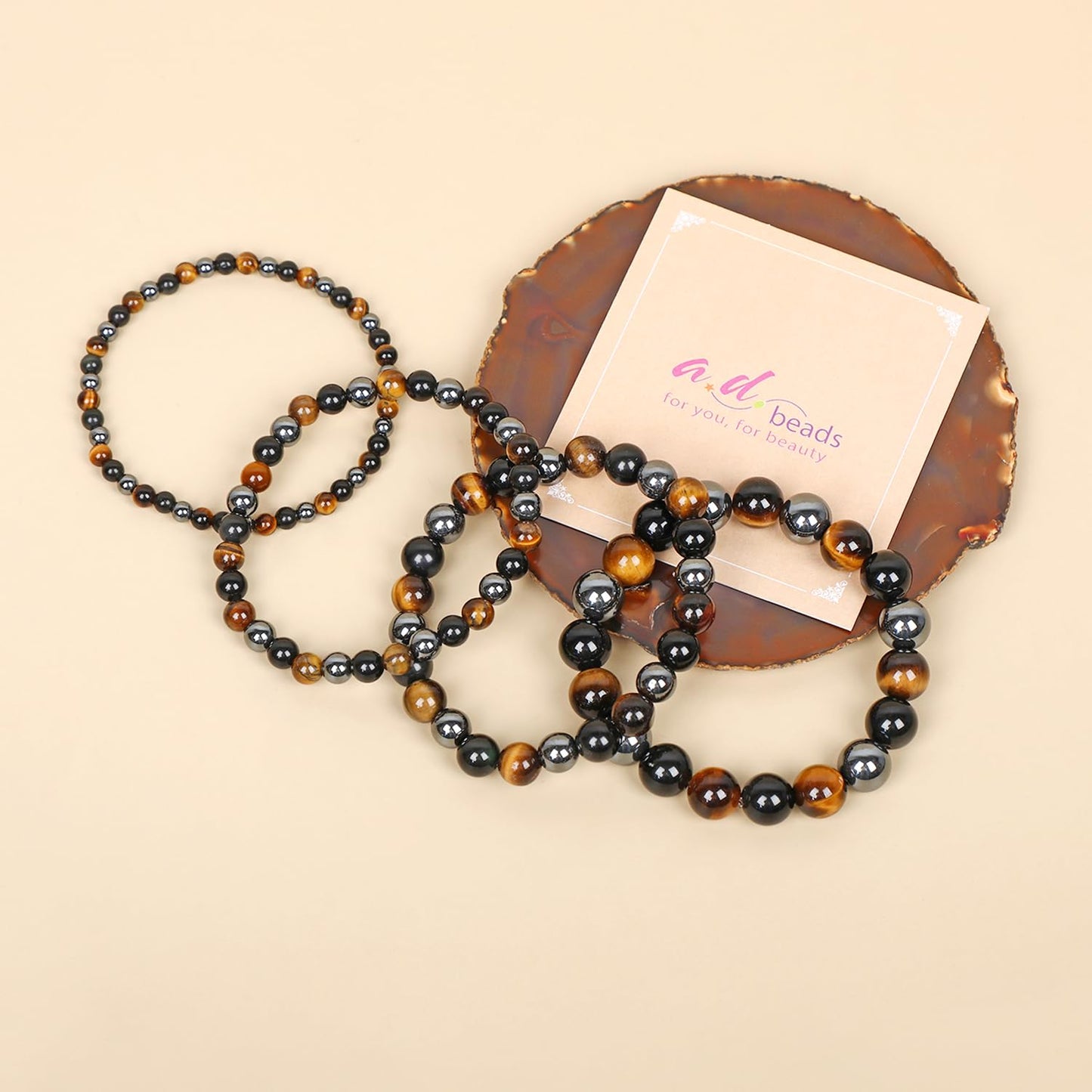 AD Beads Handmade Gemstone Stretch Elastic Bracelet Crystal Healing Reiki Nature's Beauty and Spiritual Essence Unisex (4mm, Triple Protection (Strong Protect))