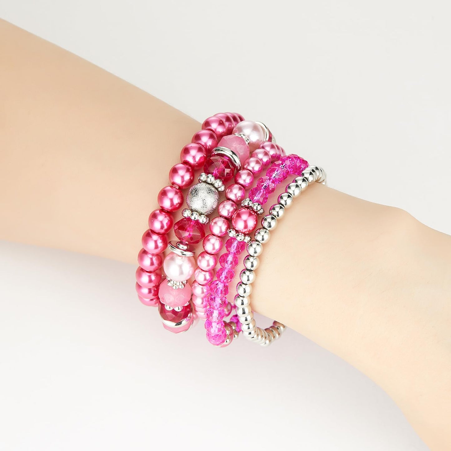 Noessla Beaded Pearl Stretch Bracelet Silver Stackable Crystal Beads Bracelets Trendy Costume Jewelry Mothers Day Gifts for Women(Hot pink)