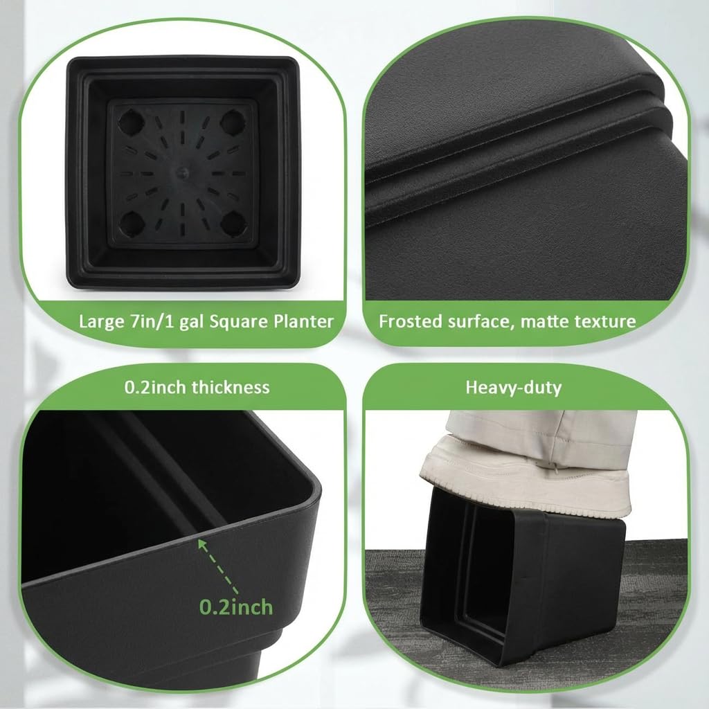 RooTrimmer 6-Pack 7" Square Planters with Built-in Drainage Tray – Heavy-Duty Black Plastic Planter with Drainage Hole and Bottom Stopper, BPA-Free Plant Pots Matte Finish for Indoor Outdoor