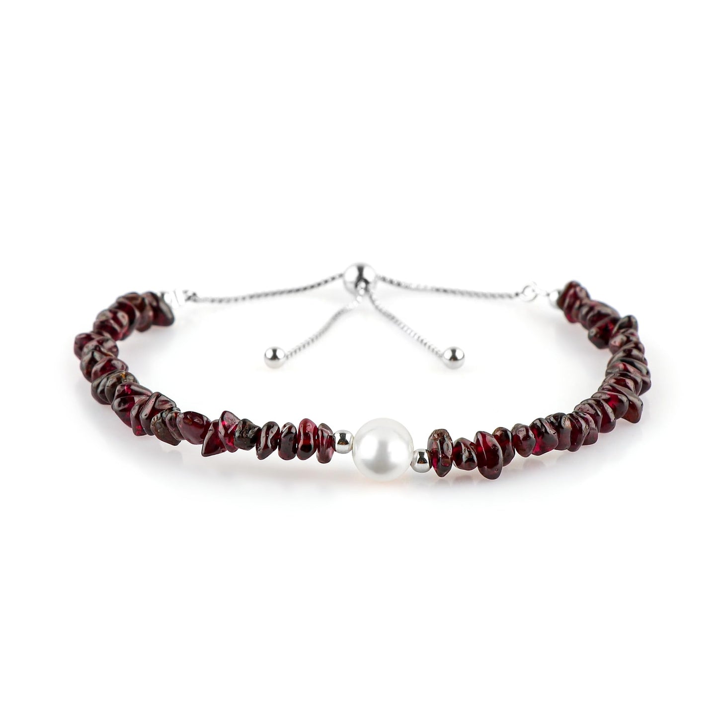 CRYSTALIS Natural Rhodolite-Garnet Beads Slider Bolo Bracelet with Elegant Pearl, Uncut Chips Nuggets Crystals, Chakra Healing Gemstone, Women Jewelry, 925 Sterling Silver Slider 10 inch