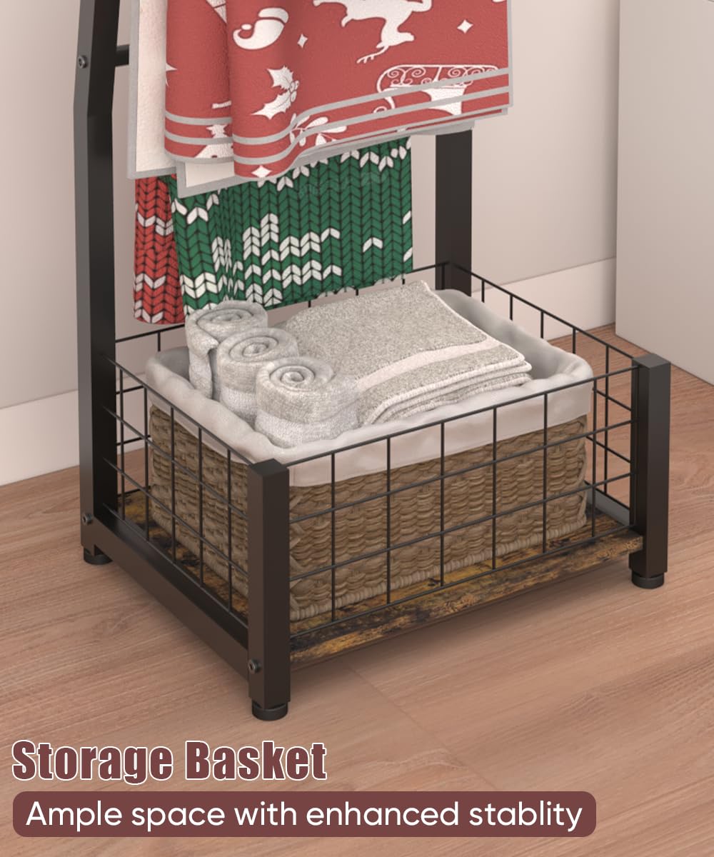 Ansionsol 6.3ft Blanket Ladder with Storage Basket, 5 Tier Decorative Ladder Shelf Stand for Living Room & Bedroom, Wall-Leaning Blanket Holder Quilt Rack for Home Décor, Rustic Brown & Black