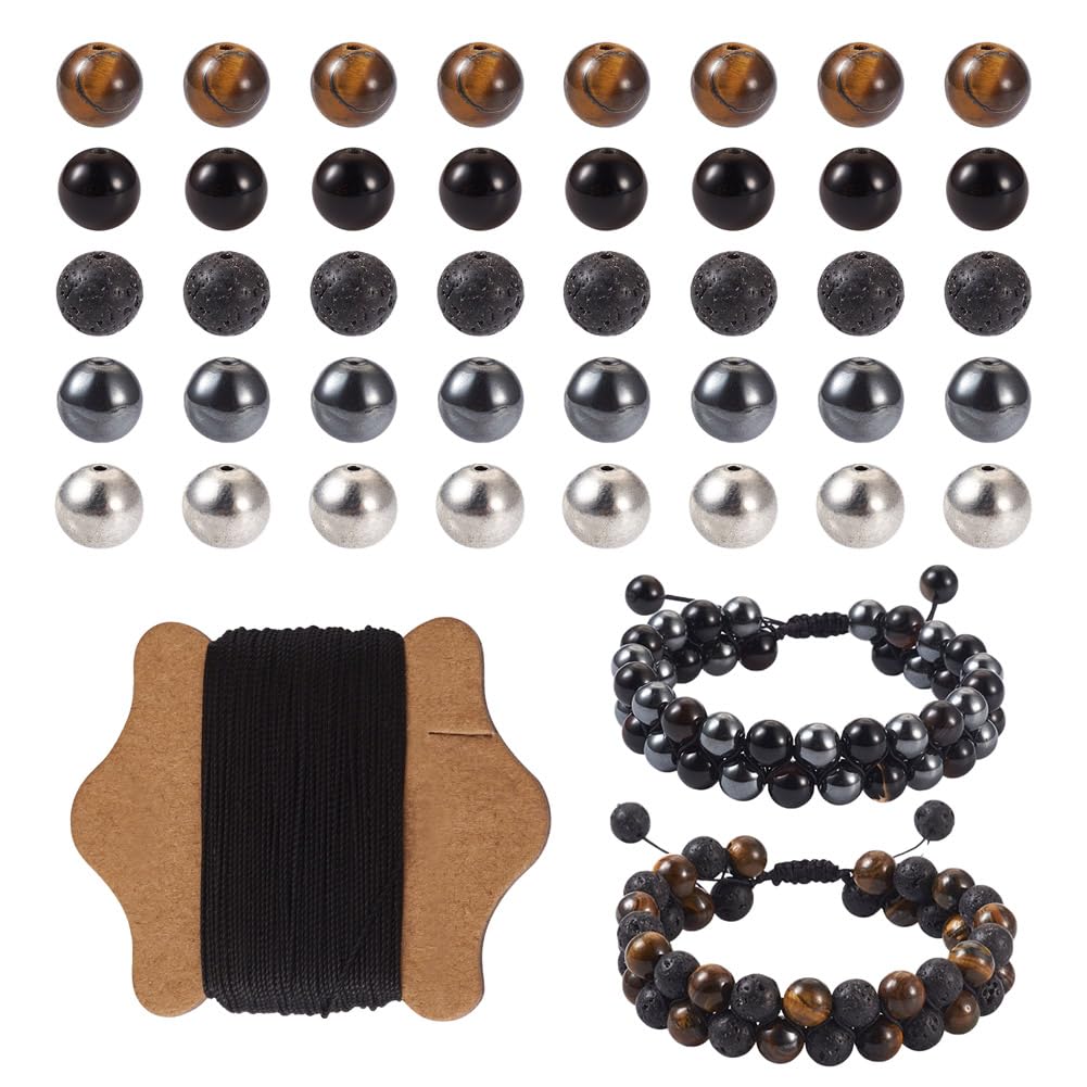 FASHEWELRY Mala Yoga Men Bracelet Making Kit - 220pcs Natural Gemstone Lava Rock Tiger Eye Beads Healing Crystal Chakra Stone Beads with Black Nylon String for Essential Oil Diffuser Jewelry Making
