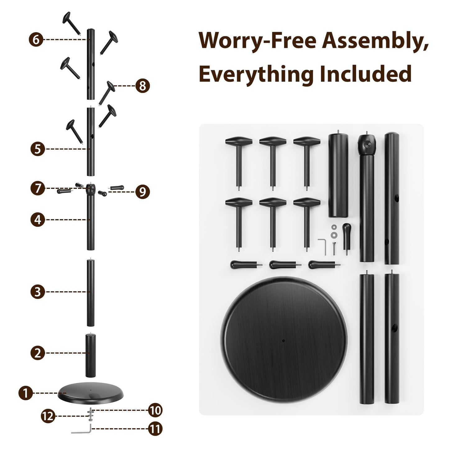 Taitiy Solid Wood Coat Rack Freestanding Coat Tree with 10 Hooks for Bedroom, Livingroom, Entryway, Sturdy Coat Hanger Stand for Hats, Coats, Scarves, Handbags, Purses