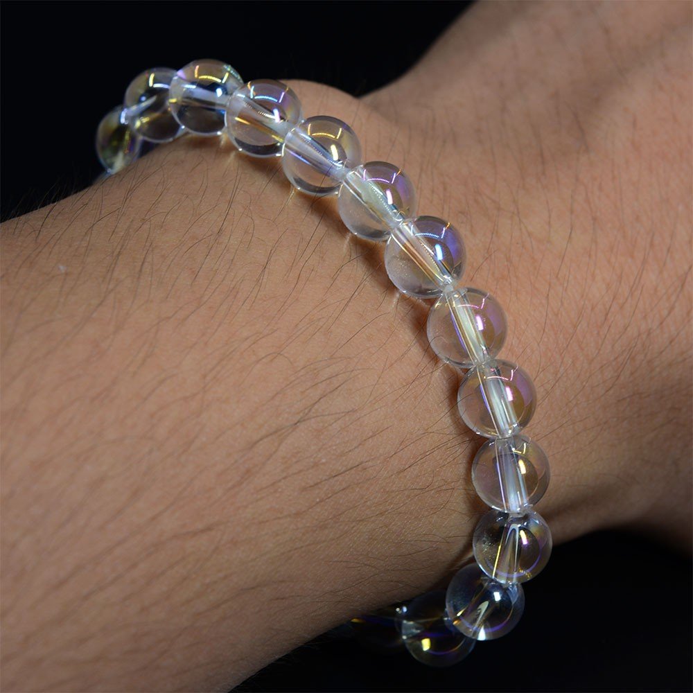 Justinstones Aqua Aura Clear Quartz Gemstone 8mm Round Beads Stretch Bracelet 7 Inch Unisex