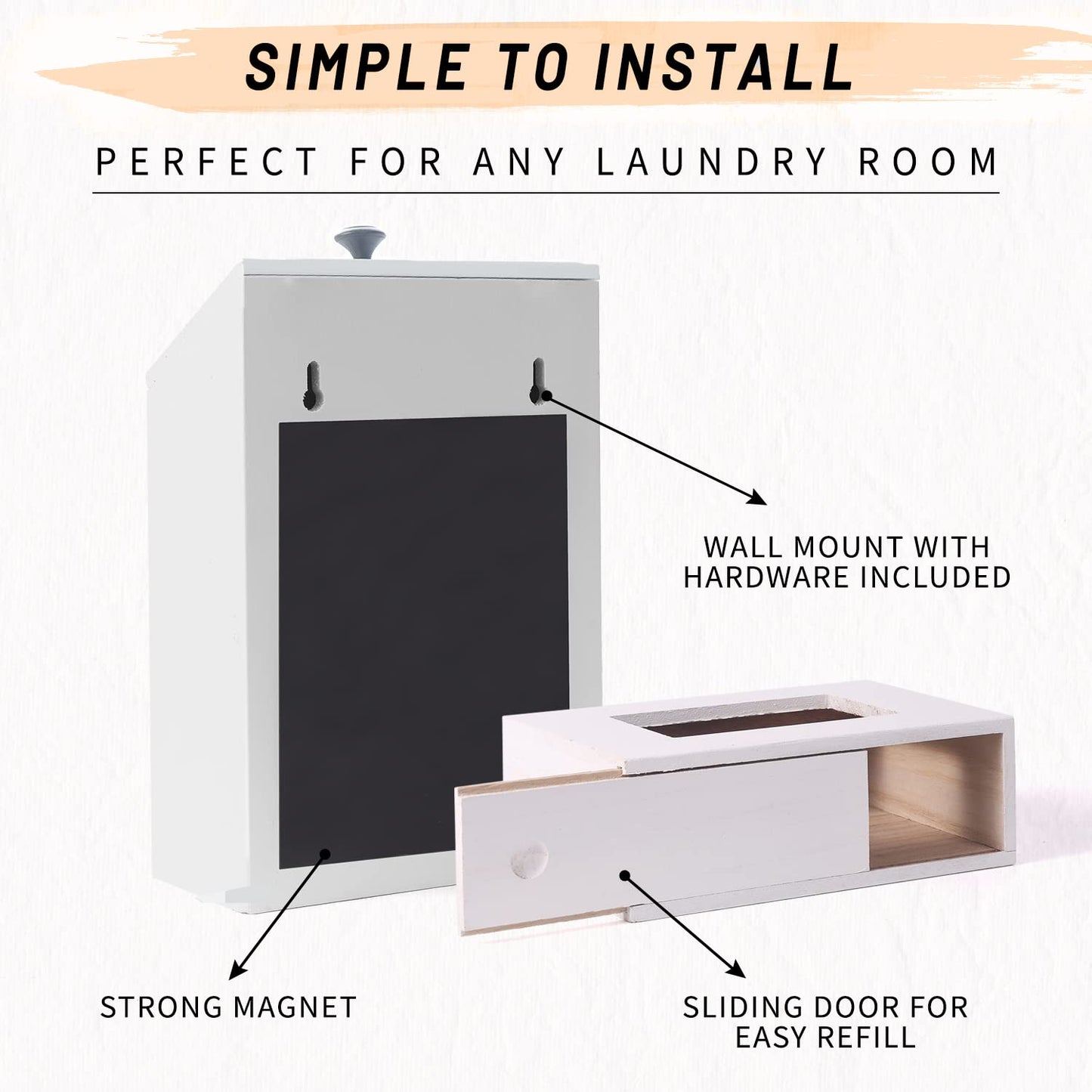 Magnetic Lint Bin and Dryer Sheet Holder Set for Laundry Room, Farmhouse Wooden Lint Trash Can with Lid and Dryer Sheet Dispenser Box Magnetic for Mounting on Dryer,Stylish Laundry Room Organiz(White)