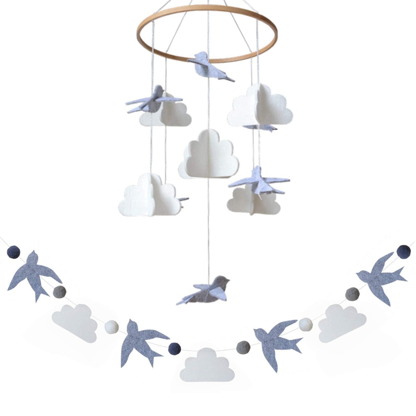Baby Crib Mobile – Wooden Hanging Nursery Baby Mobile for Crib, Nursery Decor for Boys & Girls, Perfect Shower Gift (Grey Birds w/Garland) Also Fits Bassinets, Sorrel + Fern