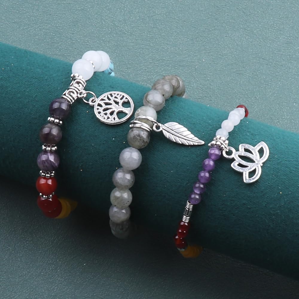 UEUC Natural Gemstone Chakra Bracelets for Women, Multilayer Tree of Life Lotus Crystal Healing Stone Bracelet Sets, Yoga Meditation Reiki Relax Bracelets for Stress Relief(#105)
