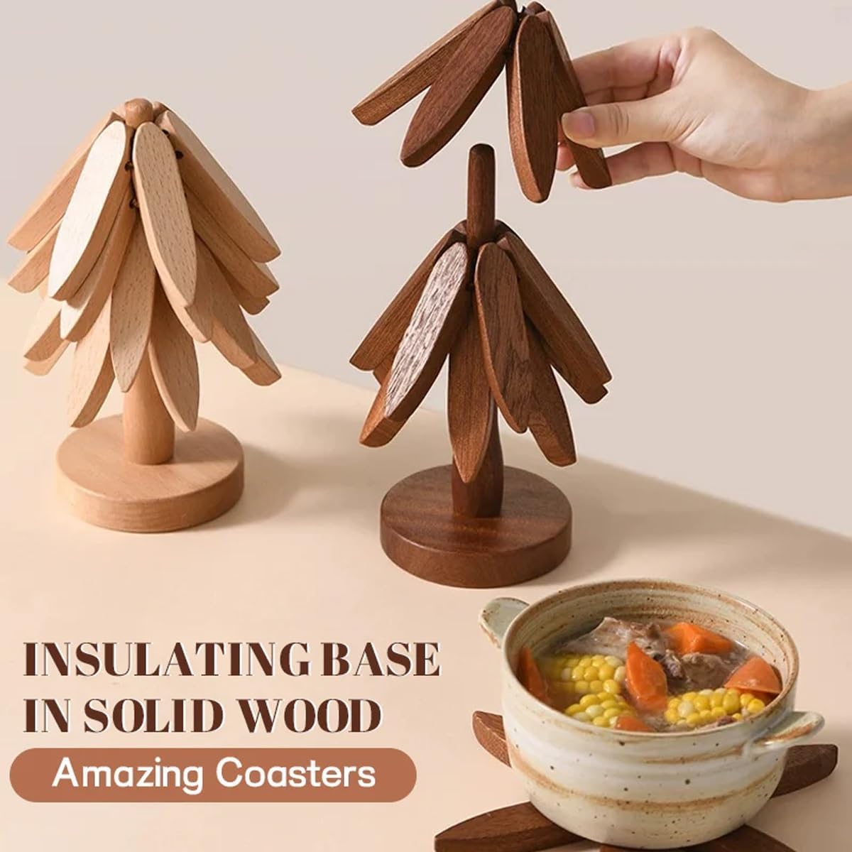 Wood Natural Tree Trivet Set, Christmas Tree Shape Trivets for Hot Dishes, 3-Piece Wooden Set with Stand for Pots, Bowls, Teapots (Dark Brown)