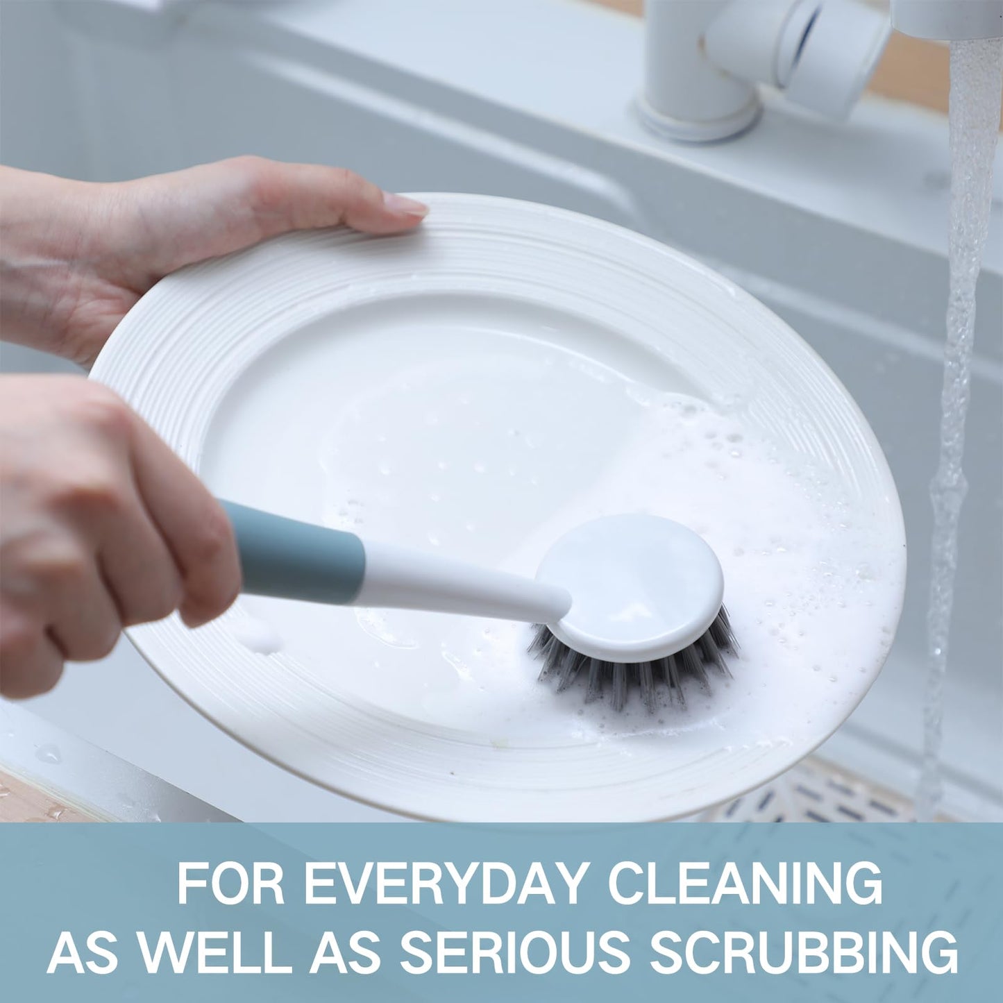 Patelai 6 Pack Kitchen Scrub Dish Brush with Long Handle Dish Scrubber with Stiff Bristles Scrub Brushes for Kitchen Dishes Washing Tools, Pots, Pans and Sink Cleaning (Celadon)