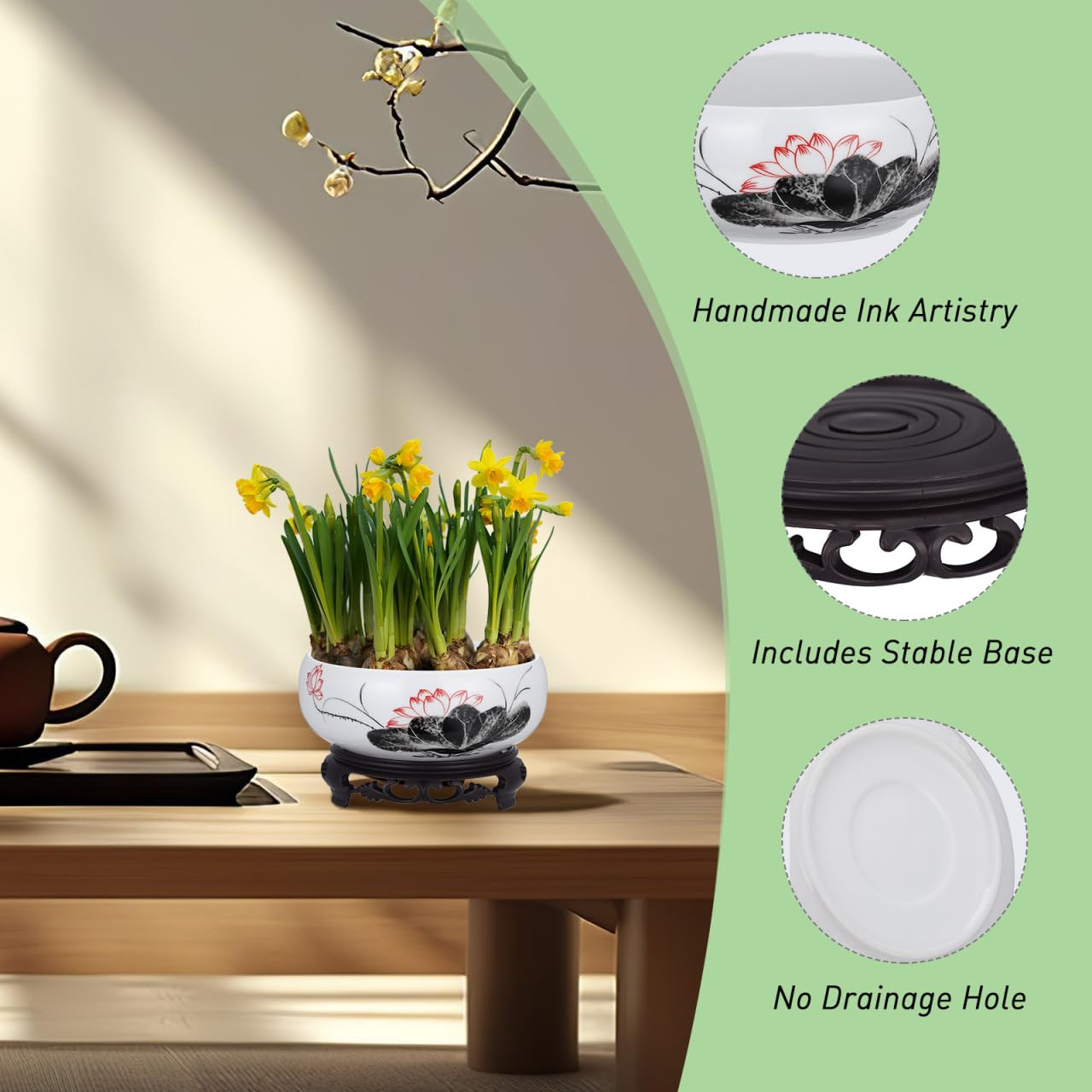 Gatuida Ceramic Bonsai Planter with Base, Hydroponic Flower Container, Water Lily Bowl, Lotus Planter for Home Decor, 6.69 x 2.75 x 4.13 Inch