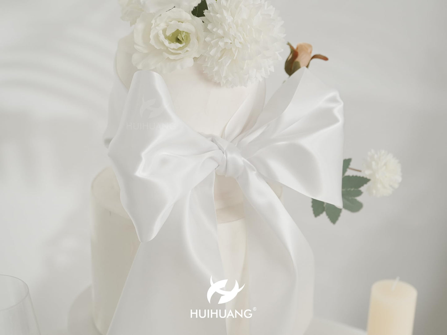 HUIHUANG Thick White Satin Ribbon 6 inch Extra Wide Double-Faced Satin Ribbon for Chair Sashes, Gift Wrapping, Large Bows, Sewing Crafts, Wreaths, Christmas Wedding Decor- Continuous 10 Yards