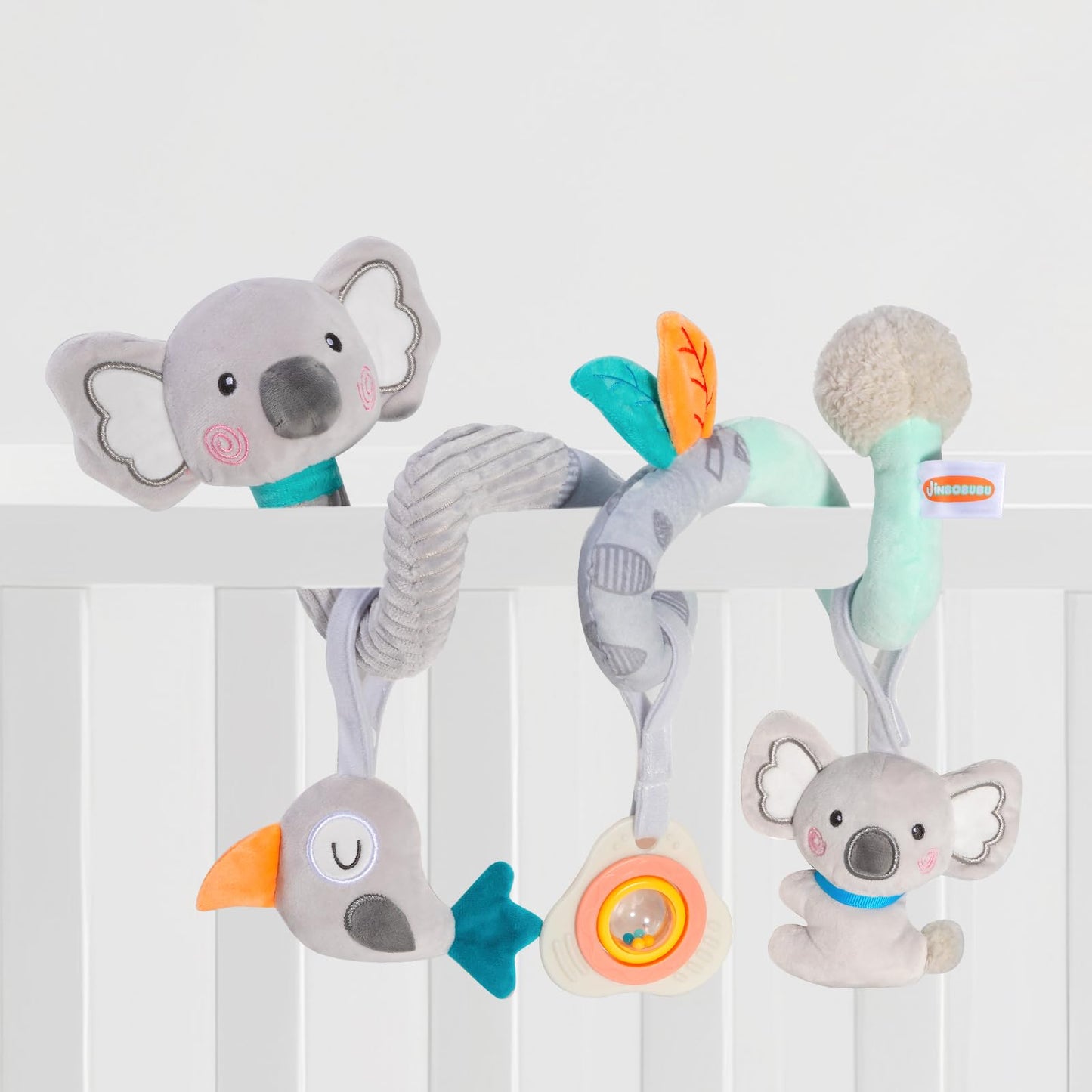 JINBOBUBU Baby Spiral Car Seat Toy, Stroller Hanging Sensory Toy for Newborn 0-12 Months, Soft Plush with Rattle Crinkle Teether, Koala Bird Activity Toy for Infant Boys Girls
