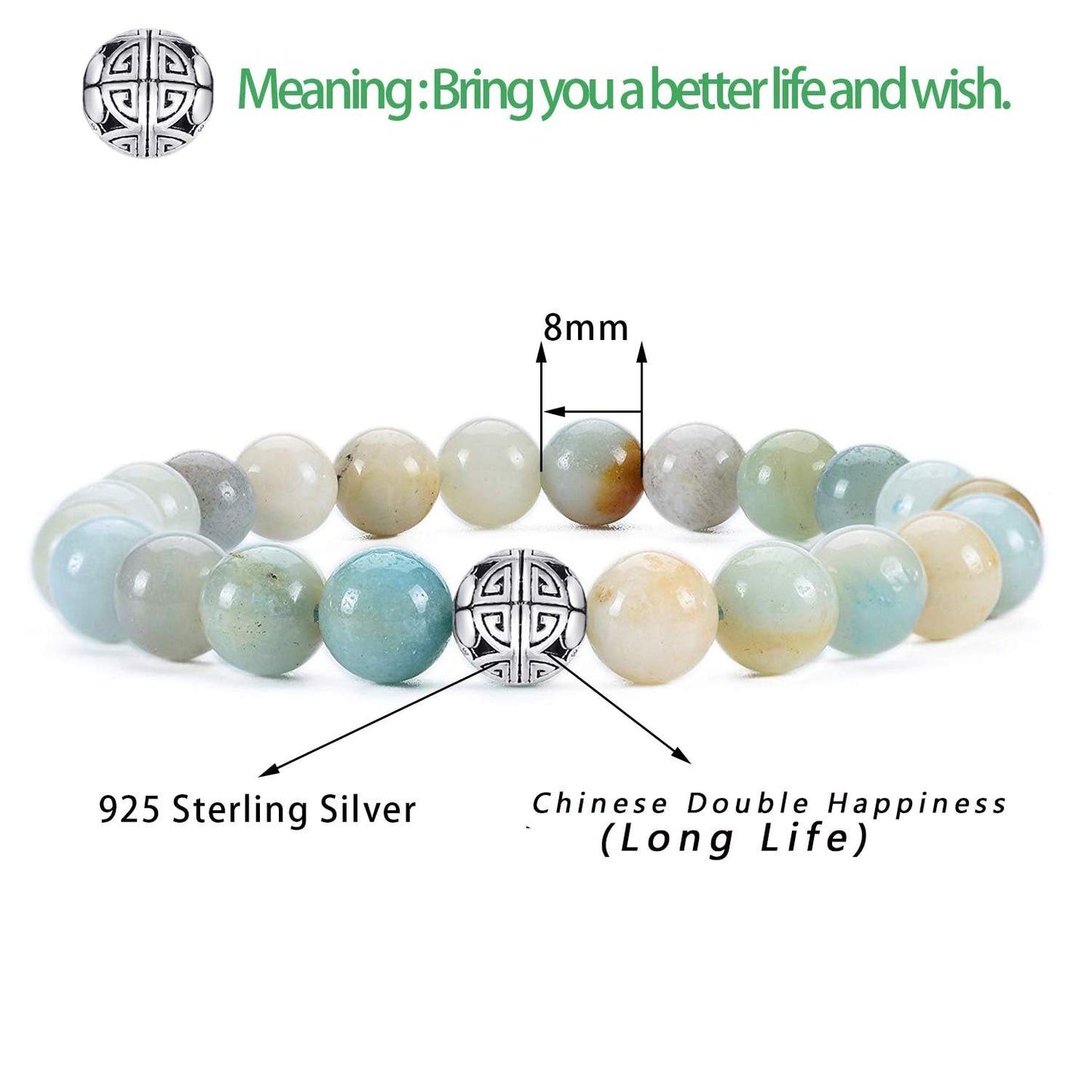 MetJakt Healing Crystals Beaded Bracelets for Womens Natural Gemstone 8mm Beads Stretch Bracelets with 925 Sterling Silver Double Happiness Pendant (Amazonite)