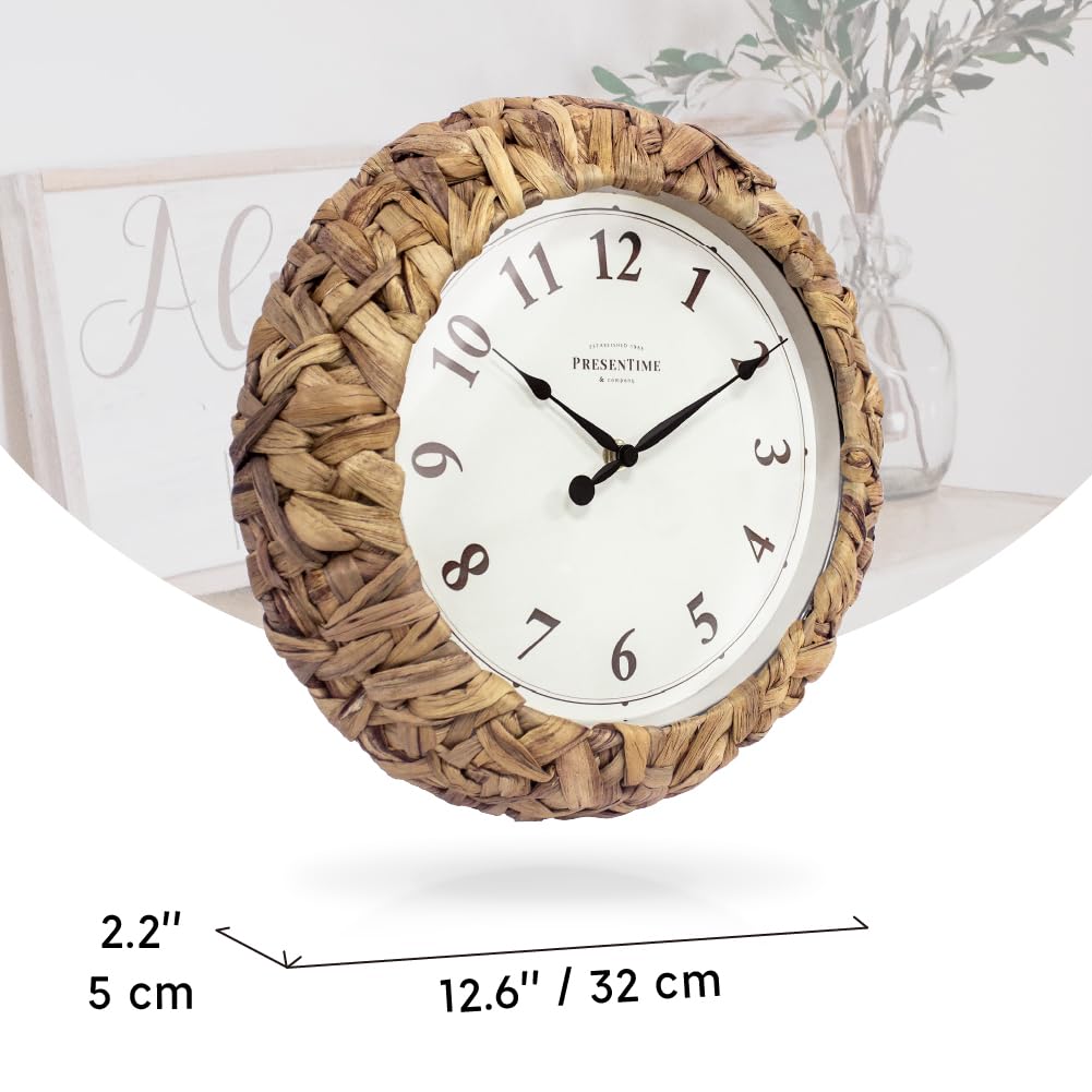Presentime & Co. Farmhouse Series, Rustic Woven Clock, 12.6 inch, Natural Woven Water Hyacinth/Sea Grass. Wall Sculpture, Wall Art and Timepiece for Home Decoration/Decoration/Farmhouse Décor