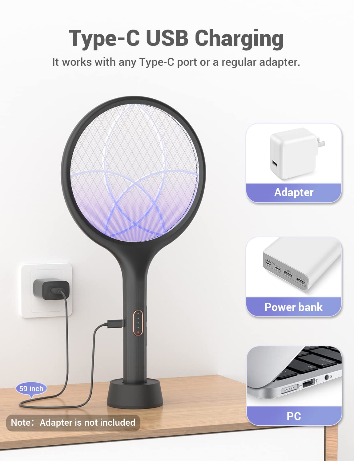 YISSVIC Electric Fly Swatter Bug Zapper Racket Dual Modes Mosquito Killer with Purple Mosquito Light Rechargeable for Indoor Home Office Backyard Patio Camping (Black 2 Pack)
