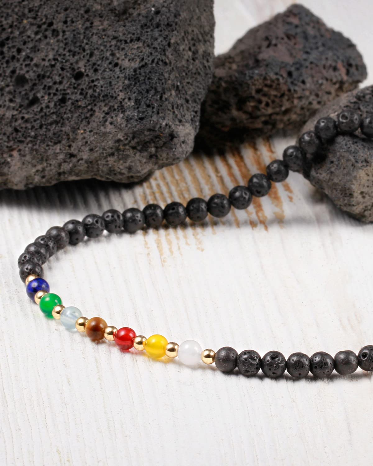 Jewever 7 Chakra Ankle Bracelets for Women Beach Foot Healing Crystals Lava Rock Essential Oils Diffuser Worry Stone Energy Balancing Meditation Yoga gifts (Lava stone)