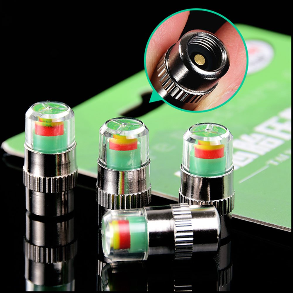 KURAMI Tire Valve Stem Caps,Tire Pressure Caps 32 PSI 2.2 Bar TPMS Tire Pressure Monitor Sensor Indicator 3 Color Eye Alert 4Pcs