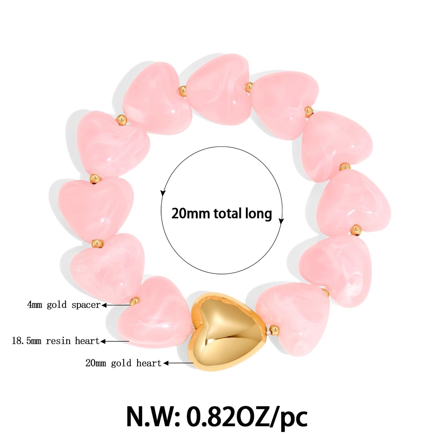 FAUTHENTICUTE Swirled Pink Heart Bracelet for Women Chunky Acrylic Resin Heart-shaped Bead Bracelet Trendy Boho Statement Summer Beach Jewelry Gift For Her