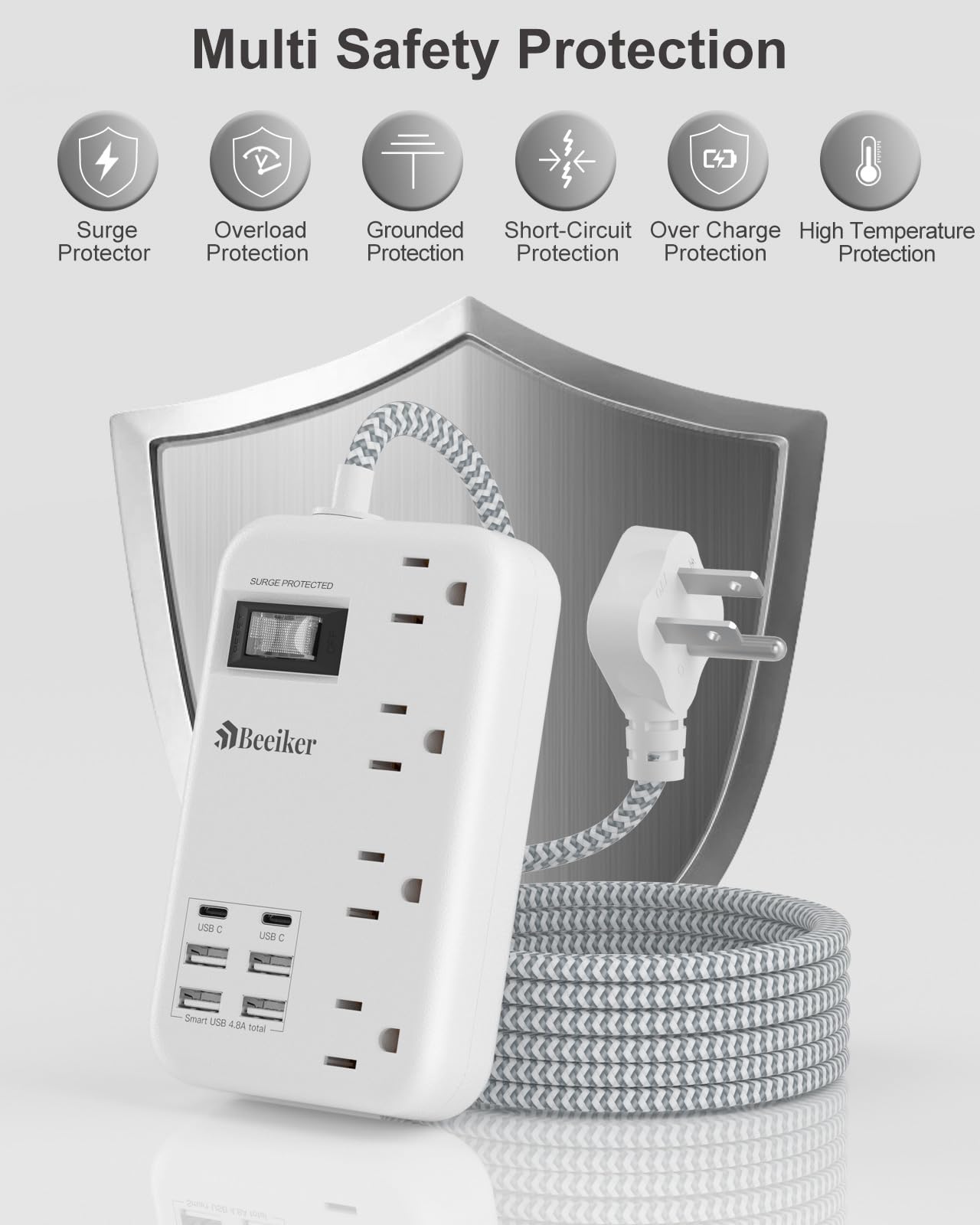 6 USB(2 USB C) Surge Protector Power Strip- 5Ft Travel Power Strip with 4.8A USB Charging Station and 4 Extendable Outlet, 13A Flat Plug Braided Extension Cord with Wall Mount for Travel Office Dorm