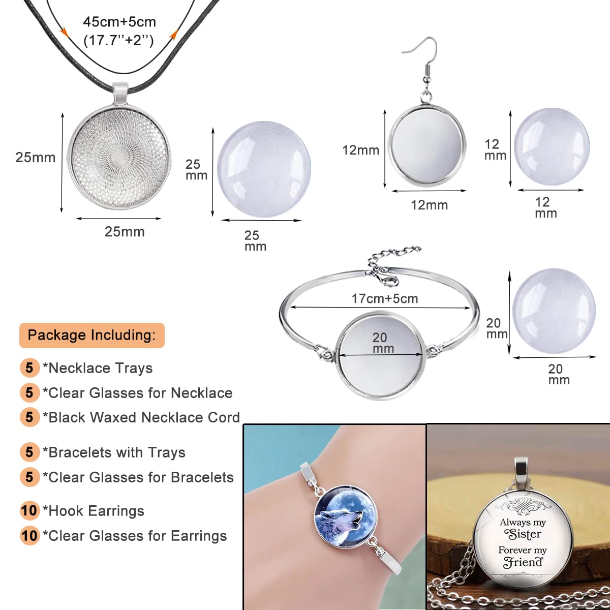 J6QIHANG Pendant Trays Set with Cabochon Glass, Round Pendant Bezel Blank Trays, Bracelet Bangles Earrings Hooks Blanks for DIY Photo Cameo Jewelry Crfats Making