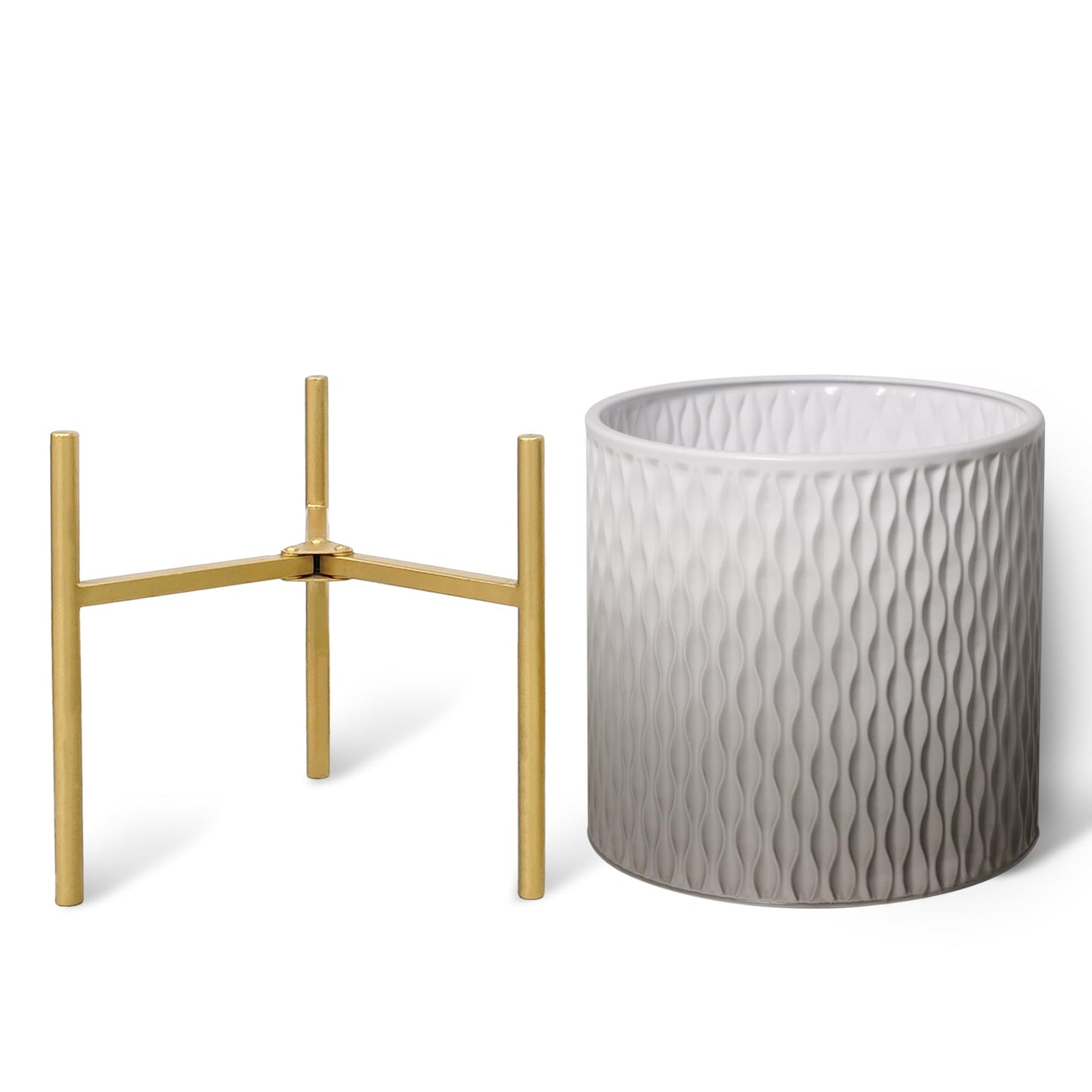 ARNIS Plants Pots with Stand,Set of 2 Flower Pots, Unique Mid Century Decorative Metal Flower Pots with Drainage,10.5&12.25 Inch, Grey and White