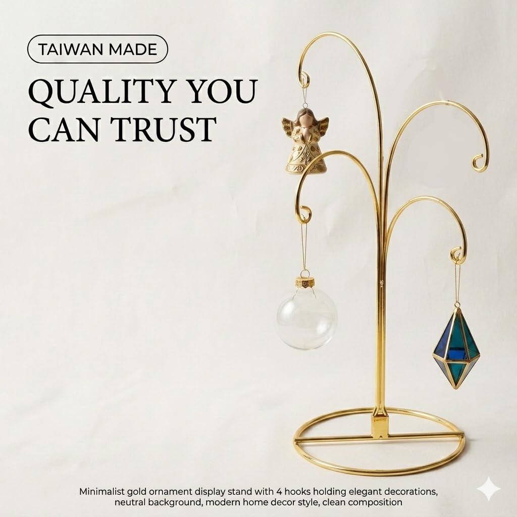 HOHIYA Ornament Display Stand 12 Inch 4-Arm Metal Holder for Christmas Ornaments Glass and Crystal Ball Decorations Art Craft Hanging Hanger Brass Gold 2 Pack