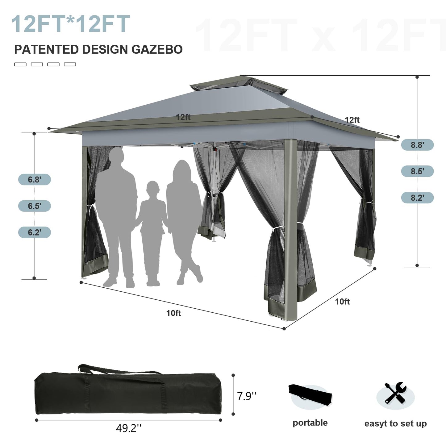 COBIZI 12x12 FT Pop up Gazebo on Clearance Outdoor pop up Canopy Tent,carpas para Patio, Shelter Tents with Sandbags & Portable Carry Bag, Patio Gazebos for Camping, Garden & Lawn, Darkgrey(Upgraded)