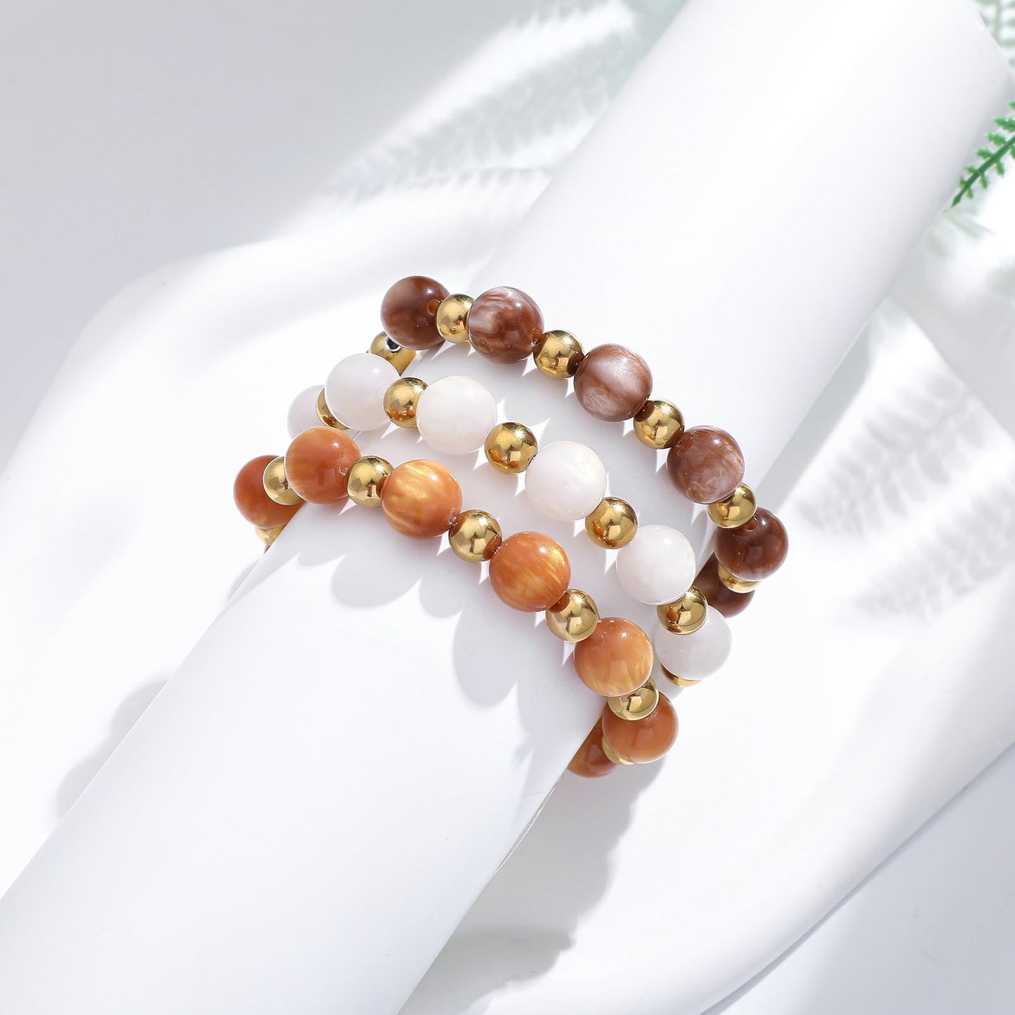 GOOJIDS Brown Beads Gold Plated Heart Beaded Bracelets For Women Dainty Gold Plated Stack Layered Beads Bracelet Gift set for MAMA Birthday Mother's Day