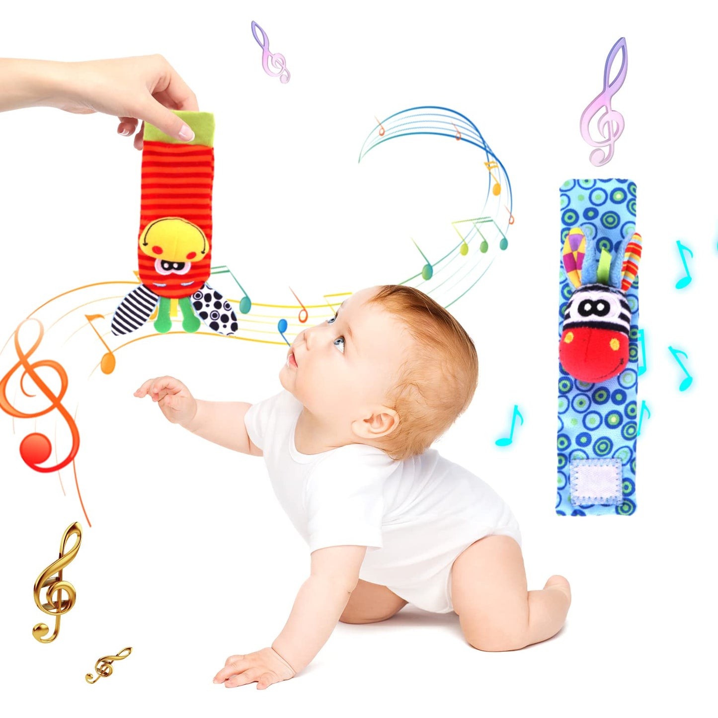 Wrist Rattle Foot Finder Socks Set for Baby Arm Hand Rattle Feet Leg Ankle Socks Newborn Soft Sensory Toys Baby Socks Newborn Rattles Toys Easter Gifts 0-3 6-12 Months Infant Girl Boy