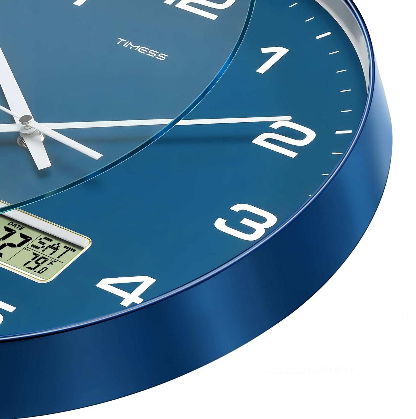 TIMESS Wall Clock, 12" Dial Non-Ticking Silent Battery Operated Analog with LCD Display for Perpetual Calendar and F° Temperature, Ideal Modern Home, Bedroom, Kitchen, Office Decor (Blue)