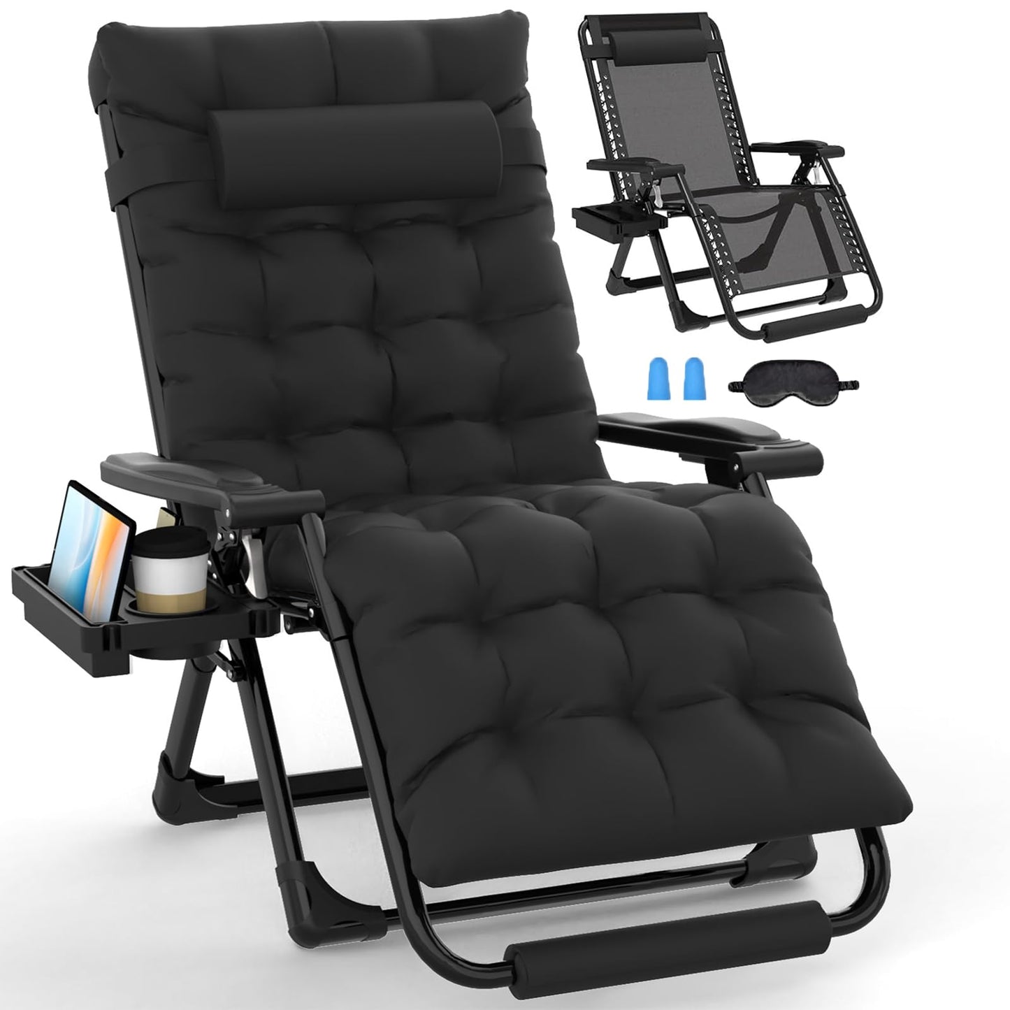 Slendor Oversized Zero Gravity Chairs XL, Padded Anti Gravity Chair, 29in Zero Gravity Lounge Chair, Folding Reclining Chair w/Aluminum Alloy Lock, Headrest, Cup Holder, Support 440lbs, Black