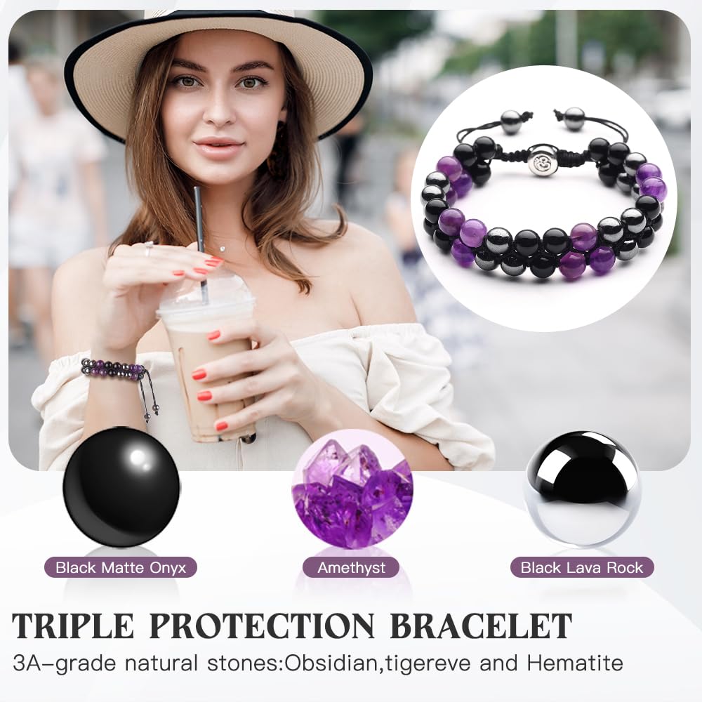 Triple Protection Bracelet - for Protect & Balance - Energy Crystal Bracelets for Men Women - Bring Good Luck & Prosperity - Amethyst Hematite & Black Obsidian Jewelry Natural Stone Healing Bracelet