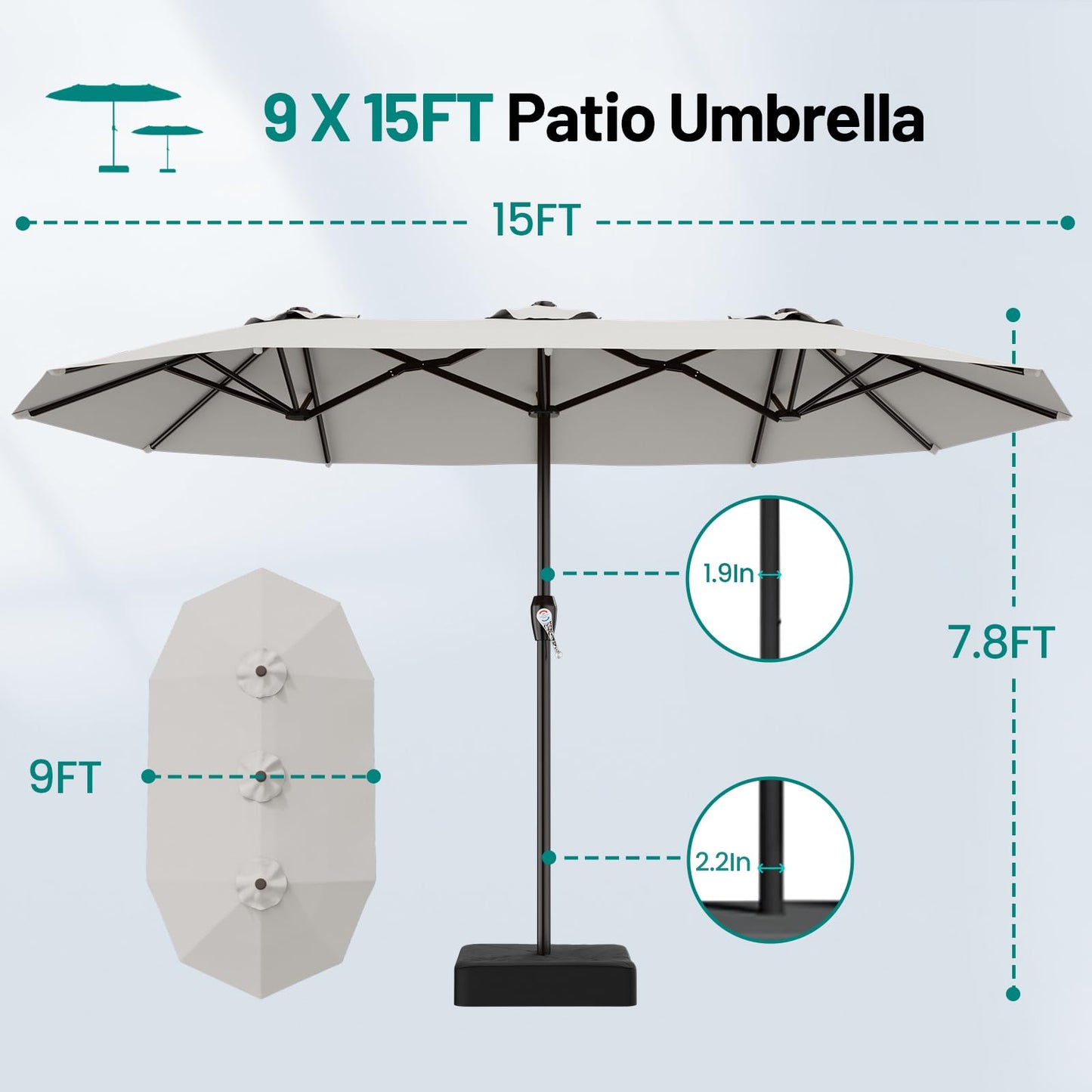 AreShark 15FT Outdoor Patio Umbrella with Crank, Large Rectangular Market Umbrella, Double-Sided Outdoor Umbrellas with Cross Base & Sandbag for Porch, Lawn, Pool, Backyard, Light Gray