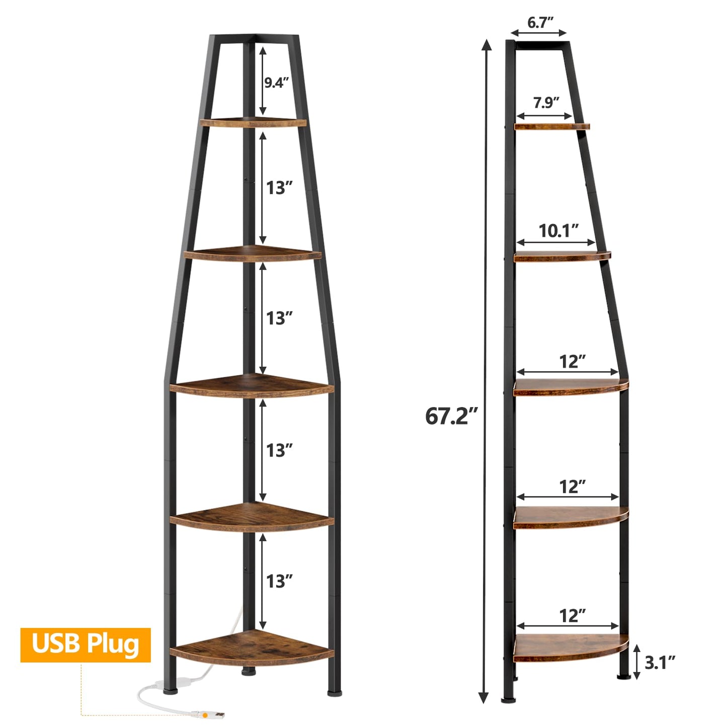 Furnulem 5 Tier Corner Shelf with LED Light, 67.2” Tall Standing Shelf for Wall Corner, Narrow Bookshelf Ladder Shelf for Bedroom, Living Room, Plant, Wood Storage Rack, Metal Frame (Rustic Brown)