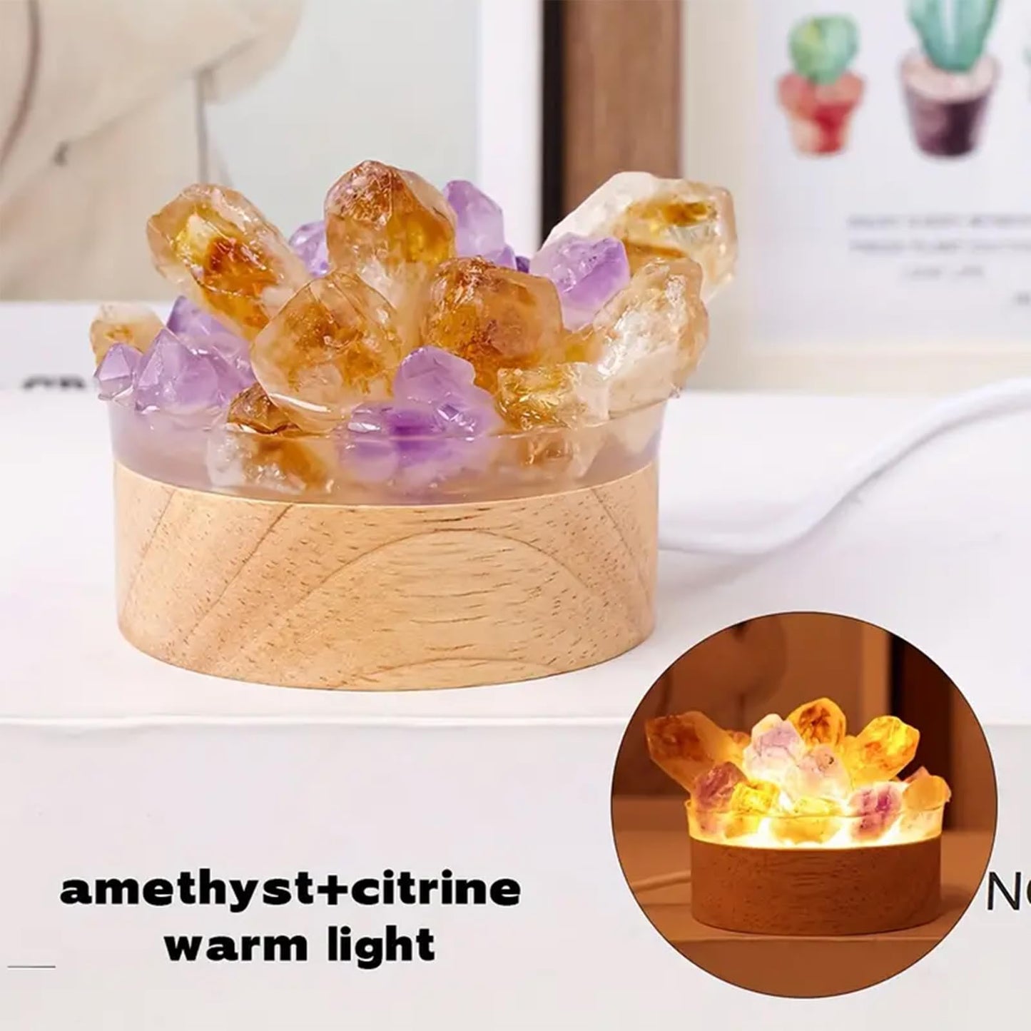 Runyangshi Natural Crystal Night Lamp Bedroom Bedside Sleep Night Light Citrine Amethyst Healing Crystal Gemstone Quartz Ambient Light USB Powered Night Decoration Desktop Ornament for Home Decor Gift