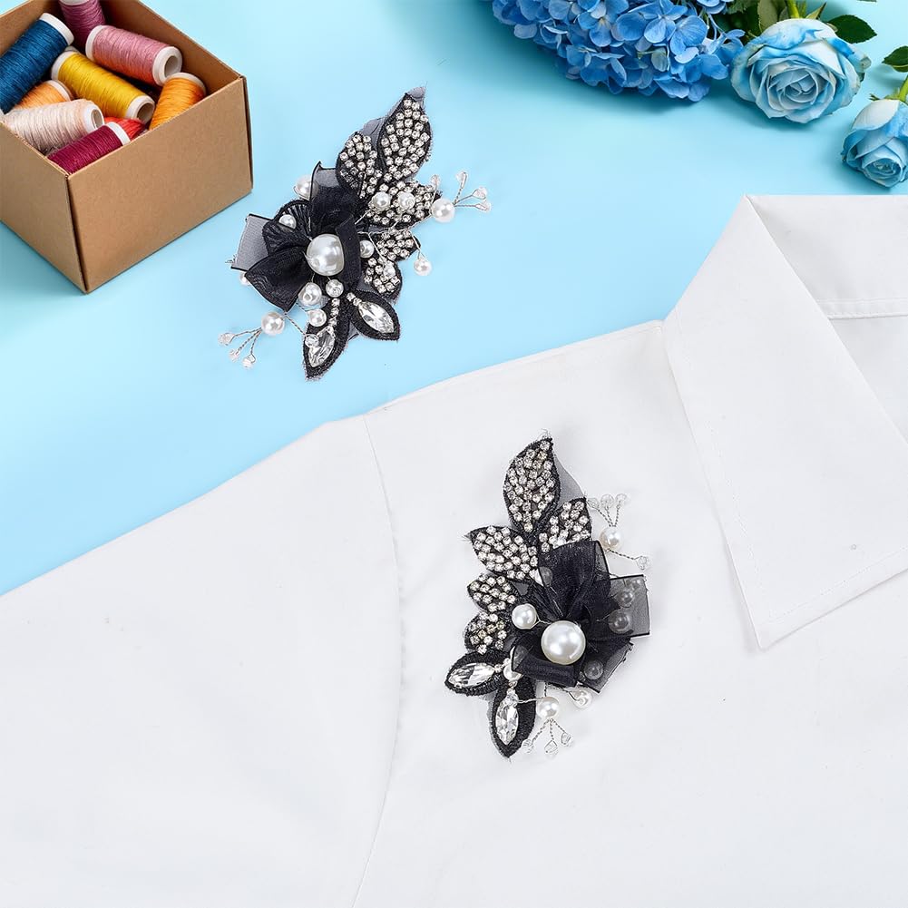 FINGERINSPIRE 1 Pair 4.4x2.5x0.5inch White Pearl Beaded Applique Rhinestone Flower Patch DIY Crafts Wedding Dress Embellishment for Bridal Hair Comb Decoration Black Floral Sew On Decoration