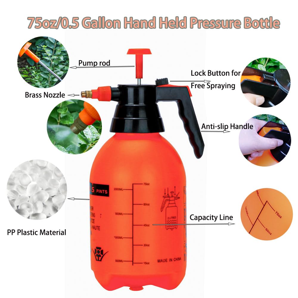 2L/0.5Gal Handheld Pressure Sprayer, Portable Pump Watering Can with Adjustable Nozzle, Garden Sprayer for Indoor Plants, Outdoor Lawn, Gardening Tools for Watering, Mist Spraying, Weed Control