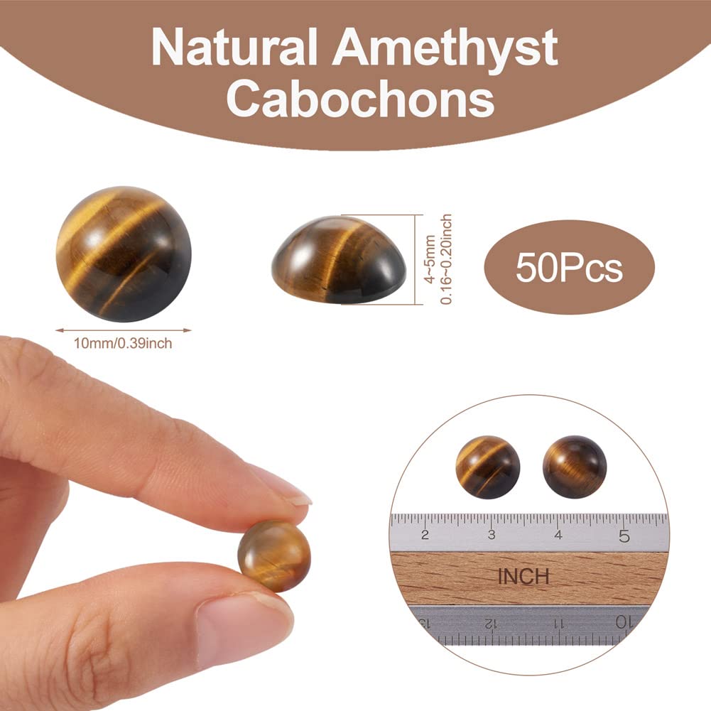 Fashewelry 50Pcs Natural Tiger Eye Cabochon Stone Half Round Beads 10mm Tiny Flat Back Gemstone Chakra Healing Crystal Cover Cabs for Jewelry Making