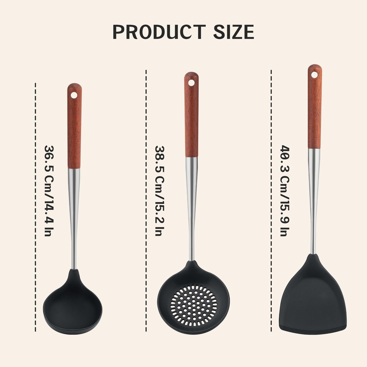 FJNATINH Silicone Spatula - Ladle - Skimmer Wok Tool Set,Stainless Steel Non Stick Heat-Resistant Cooking Utensils BPA Free Kitchen Utensils Cookware with Wooden Handle, Pack of 3