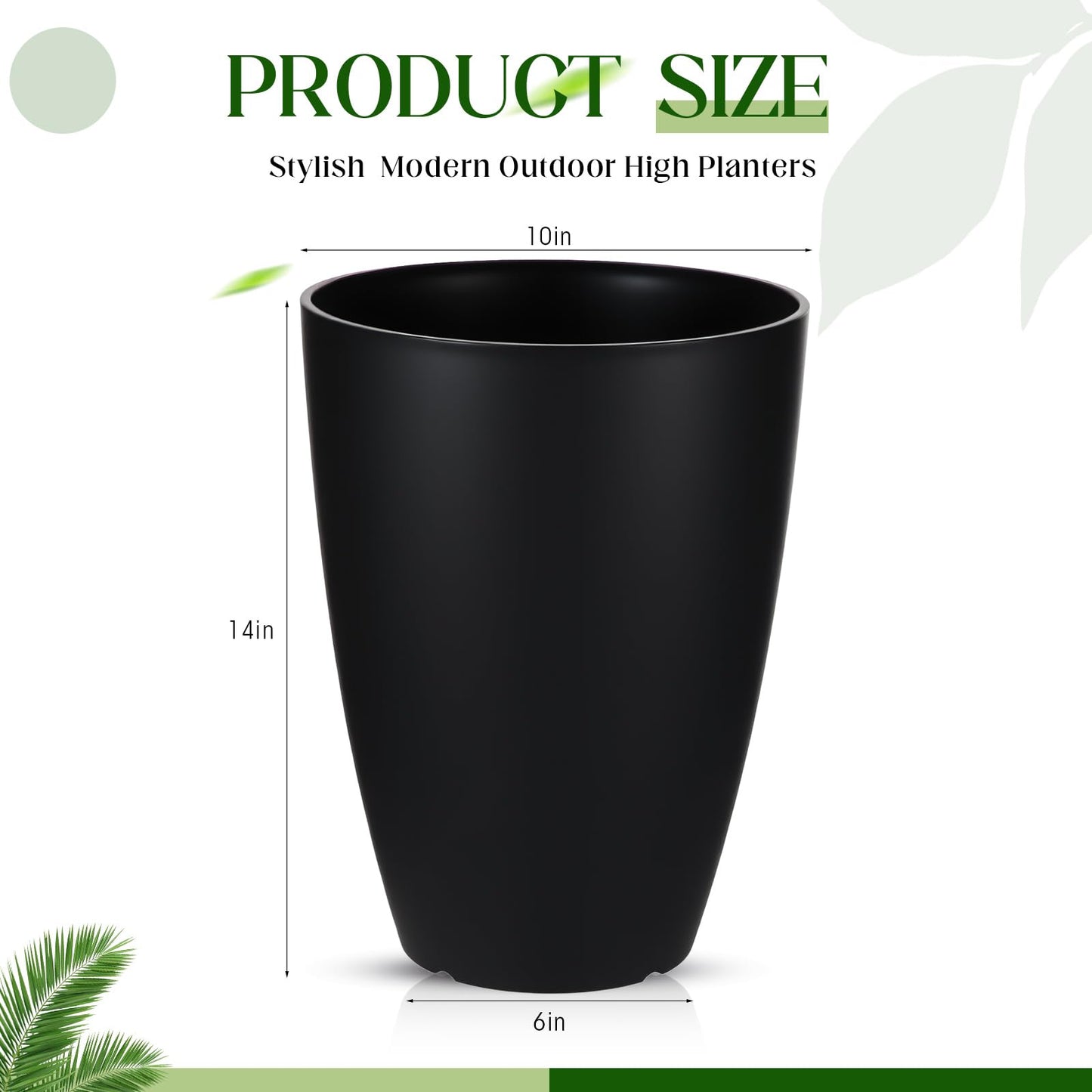 RimCereal 2 Pack 14 Inch Tall Planters for Outdoor Indoor Plants, Black Round Resin Plant Flower Pots with Drainage Hole for Front Porch Patio Garden Deck Living Room Decor