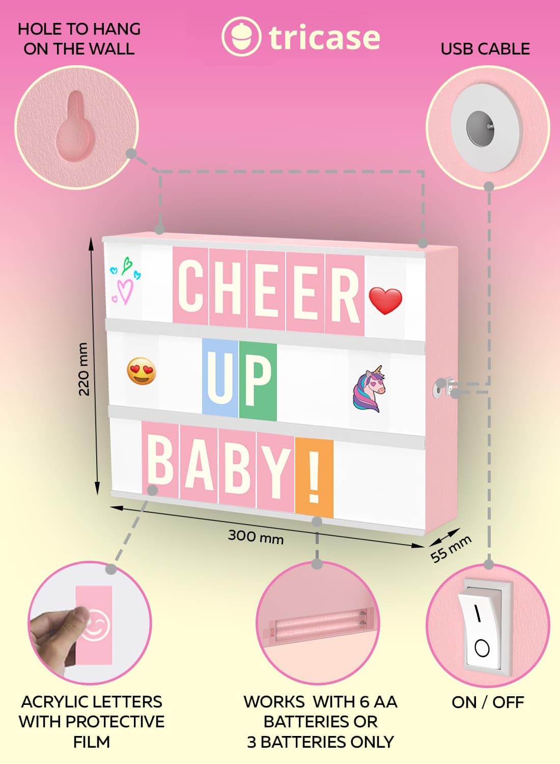 Pink Cinema Light Box with 312 Letters, Emojis & 3 Markers - Led Light Box Sign for Home & Pink Room Decor - Premium Light Up Letter Board - Best Gift Idea for Women & Girls on Christmas or Birthdays