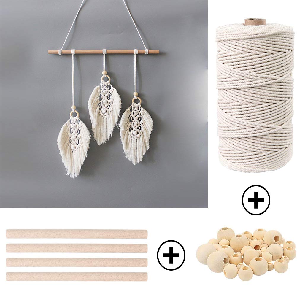 ZXCDINO 119pcs Macrame Kits for Starter 3mm x 109Yards Natural Cotton Macrame Cord with 100pcs Wooden Beads,10pcs Wooden Rings,Wooden Sticks,Metal Rings,S Hooks Macrame Supplies for Plant Hangers