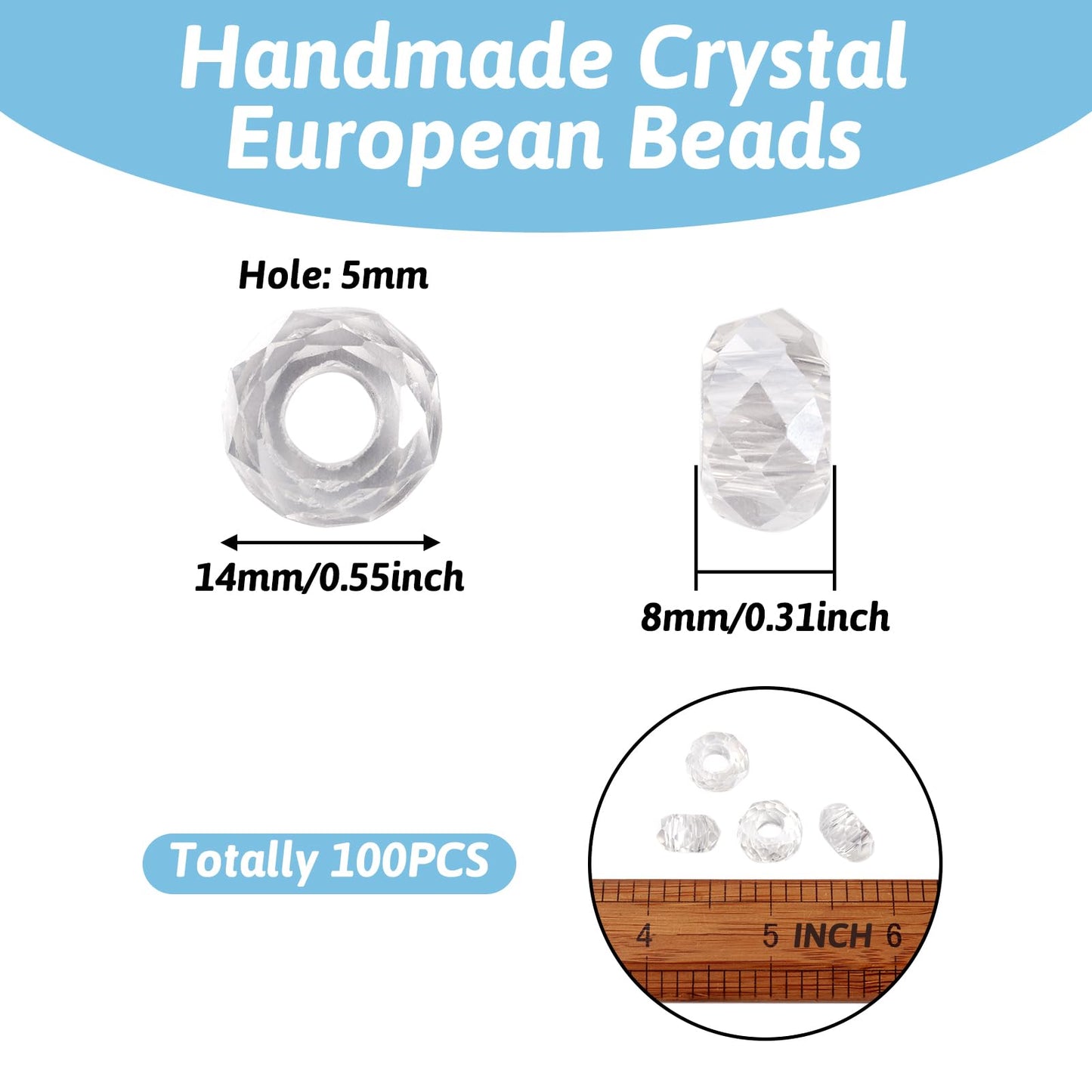 Pandahall 100pcs Glass European Beads Large Hole Beads Round Faceted Rondelle Slide Charms No Metal Core for Bracelet Jewelry Makings Crystal AB 14mm in Diameter