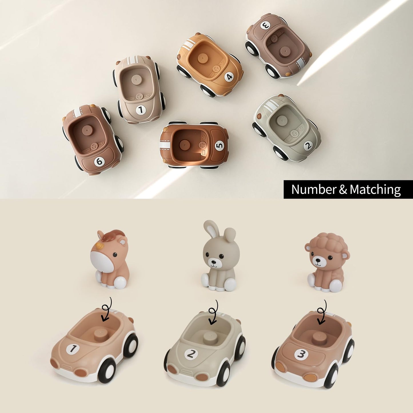Nueplay Toy Cars for Toddlers 1-3, 6-Pack Friction Powered Push and Go Vehicle Set with Animal Finger Puppets for Boys Girls