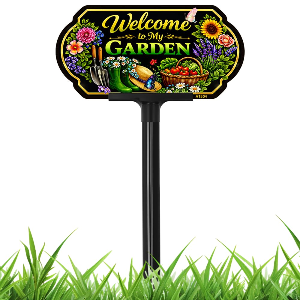 Welcome to My Garden Sign Outdoor Decor, 10x5 Inch Adjustable 24" & 37" Height Aluminum Garden Yard Sign with Stake, UV Printed Metal Garden Sign for Lawn Fence Wall, Gift for Gardeners