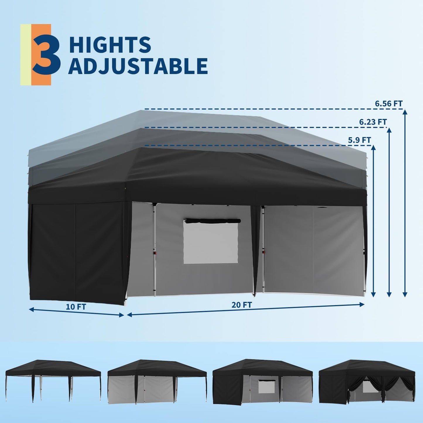 10x20 Pop Up Canopy with 4 Sidewalls, Beach Ten with One Push Setup, Heavy Duty Outdoor Instant Canopy Tent with Portable Roller Bag, Silver Coated Top, 3 Adjustable Height, Sandbags,Black