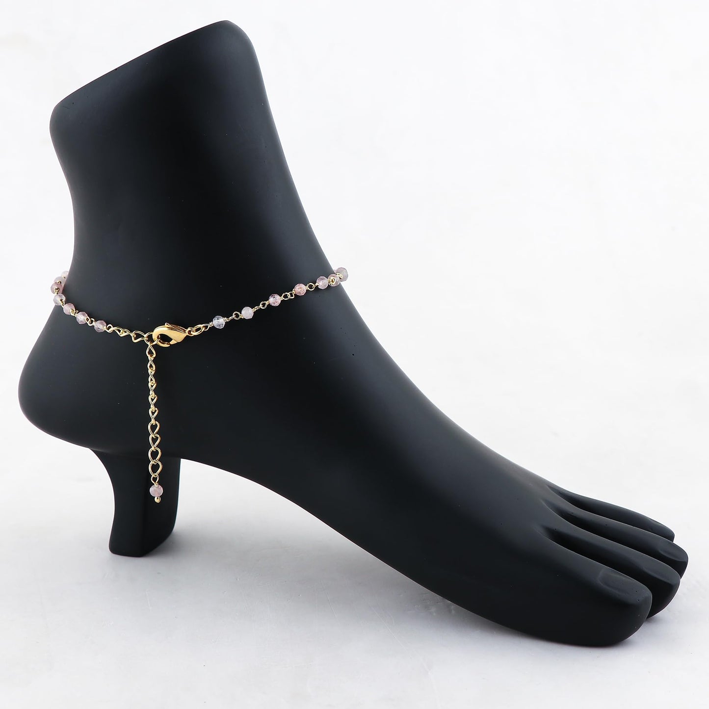 JOR Natural Strawberry Quartz Beaded Rosary Anklet, Handmade Craft, Anklet Beads Bracelet, Chakra Healing Anklet, Gemstone Women Jewelry, Dainty Gold Plated Anklet 9 inch + 2 inch (1pcs)