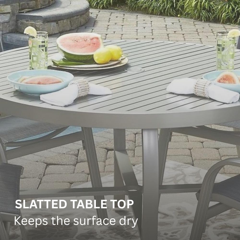 Homestyles Captiva 48" Outdoor Patio Dining Table for 4, Aluminum Round Table with Umbrella Hole for Deck Lawn Garden Backyard, Gray