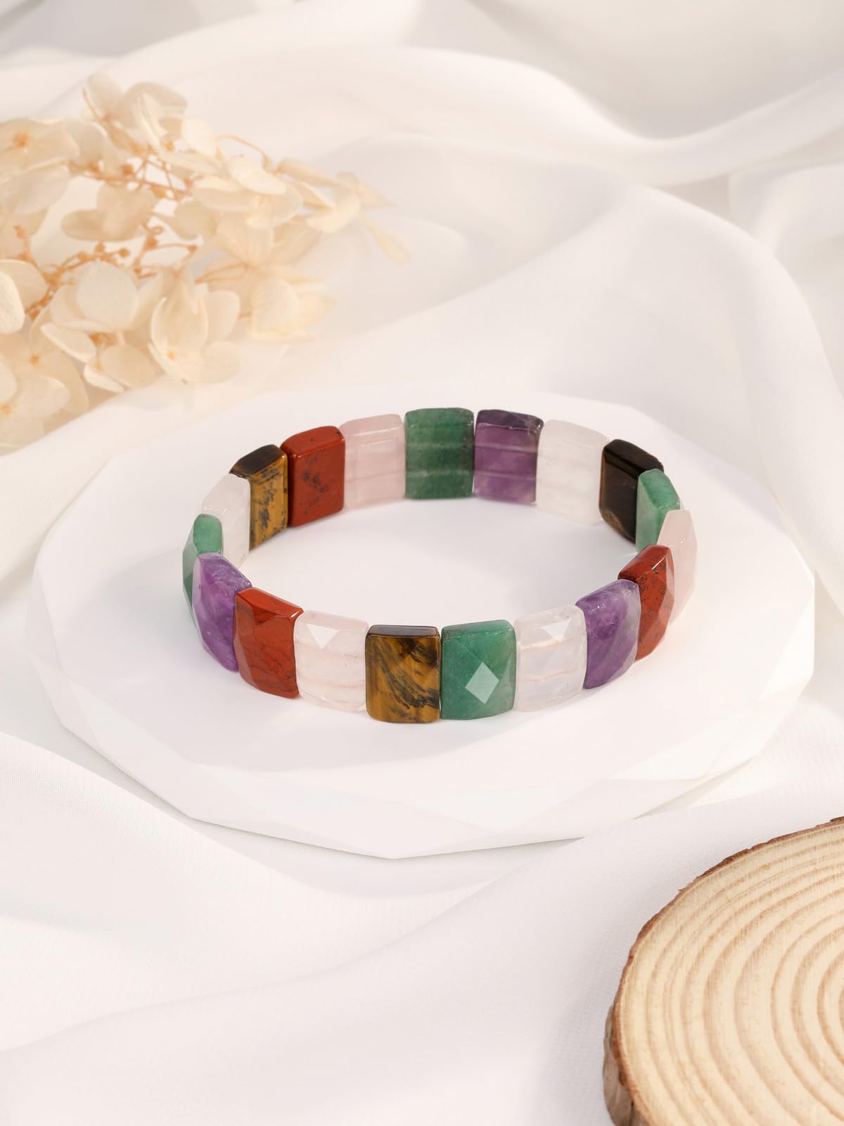 Jovivi Chakra Gemstones Healing Crystal Bracelet Natural Semi Precious 15mm Square Faceted Beaded Stretch Bracelet Bangle 7.5 Inch
