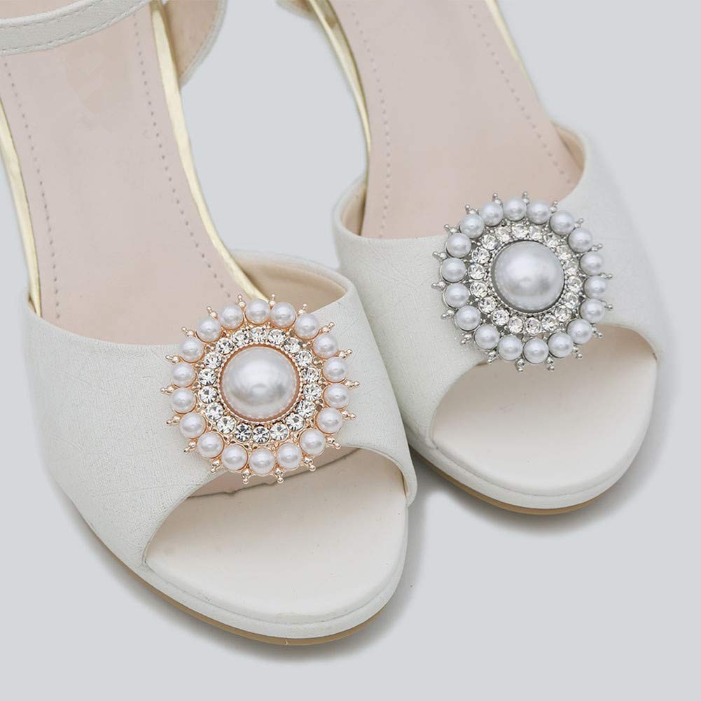 MLAVXCC 1 Pair Elegant Women's Round Pearls Rhinestones Shoe Clips Crystal Wedding Party Shoes Jewelry Decoration Charms (Gold)